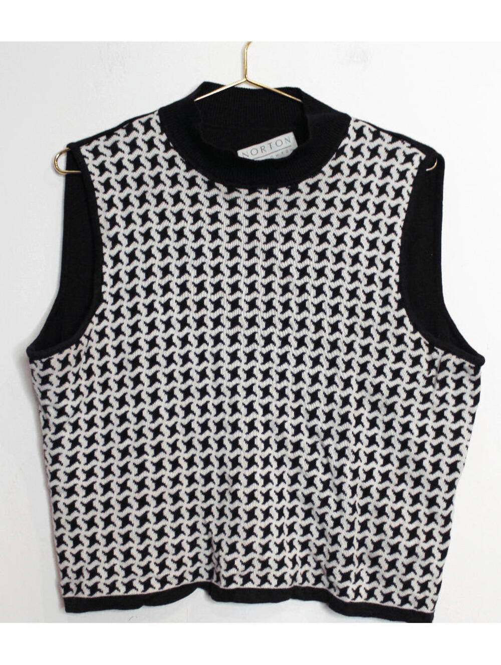 VTG Black Cream Abstract Mock Turtle Neck Knit Sweater Vest - XL